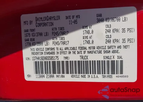 2006 Dodge Ram 1500 Slt from USA, damaged, VIN 1D7HA18206S585175